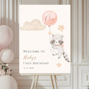 Raccoon Flying Balloon Girl First Birthday Welcome Poster