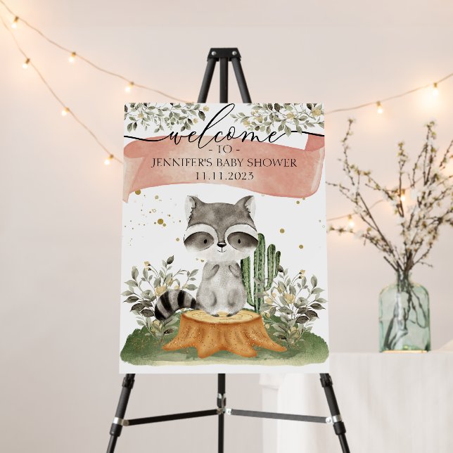 Raccoon Forest Floral Welcome to baby shower Sign (In Situ (Stand))