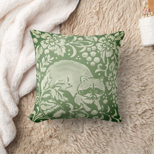 Raccoon Forest Green Woodland Animal Floral Damask Throw Pillow