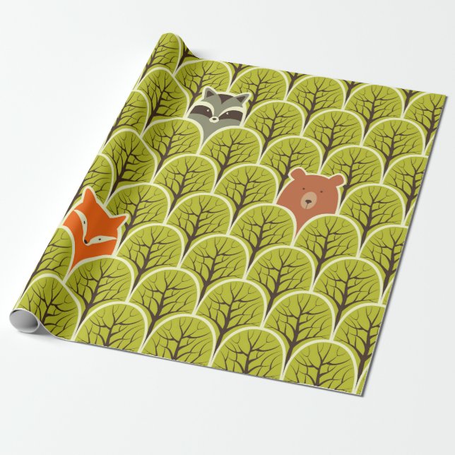 Raccoon fox and bear in a forest seamless pattern wrapping paper (Unrolled)