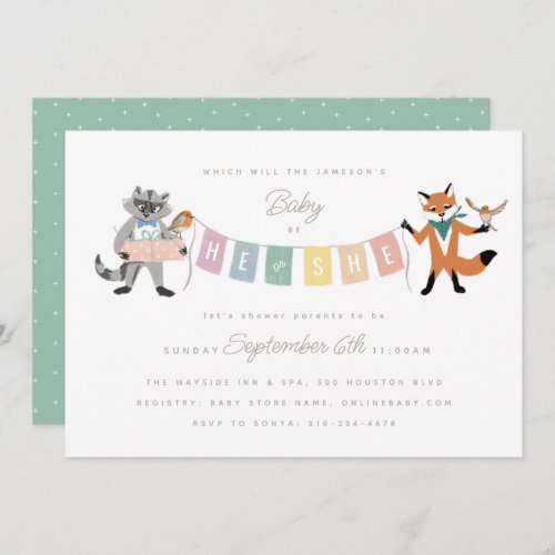 Raccoon Fox Forest Friends Baby Gender Reveal Invitation