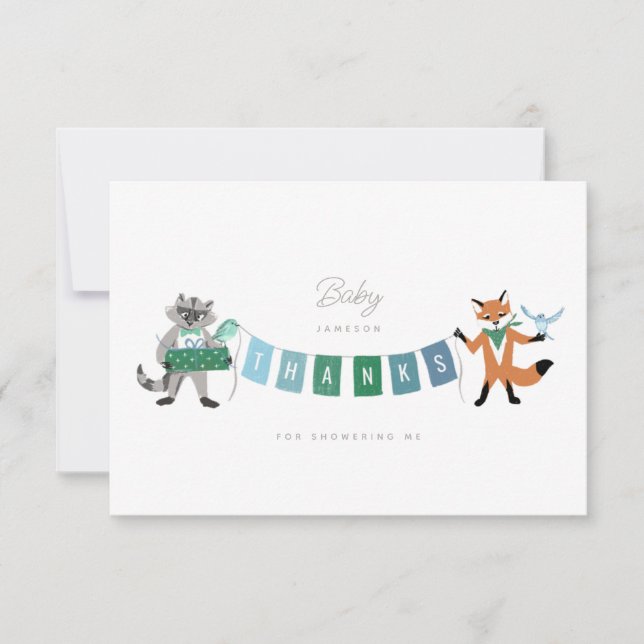 Raccoon Fox Forest Friends Blue Baby Shower Thank You Card (Front)
