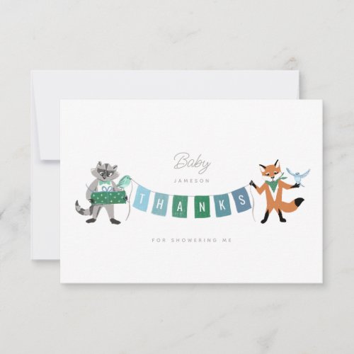 Raccoon Fox Forest Friends Blue Baby Shower Thank You Card