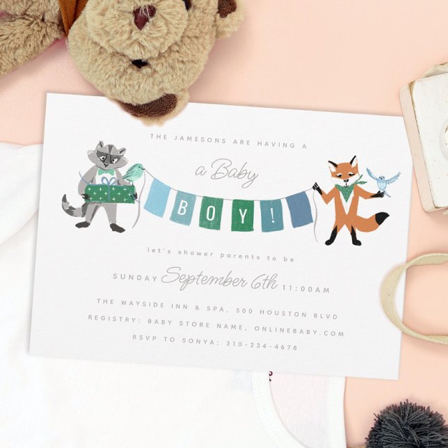 Raccoon Fox Forest Friends Boy Blue Baby Shower Invitation (Creator Uploaded)