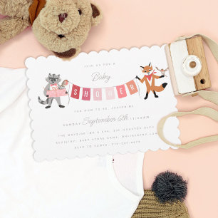 Raccoon Fox Forest Friends Pink Baby Shower Invitation