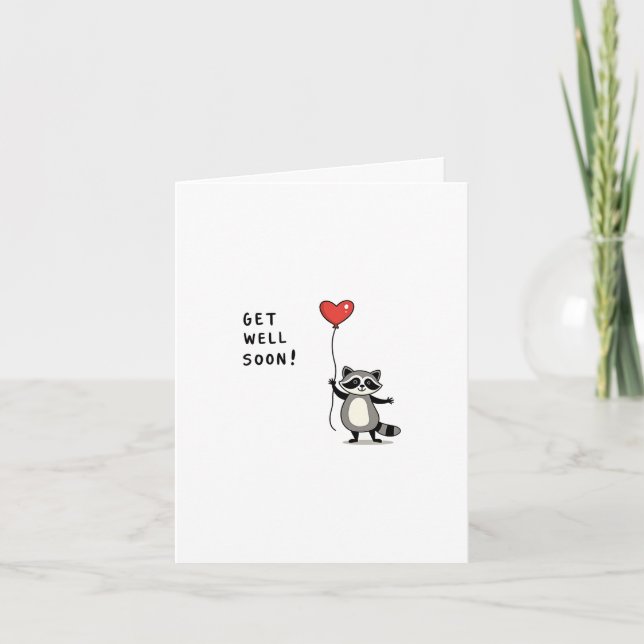 Raccoon Get Well Soon Card with Heart Balloon (Front)