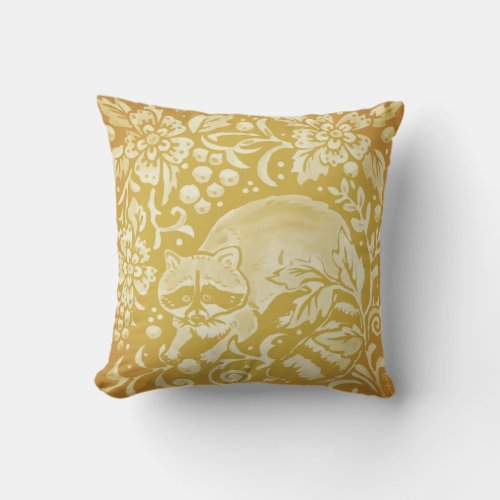 Raccoon Gold Yellow Woodland Animal Floral Unique Throw Pillow