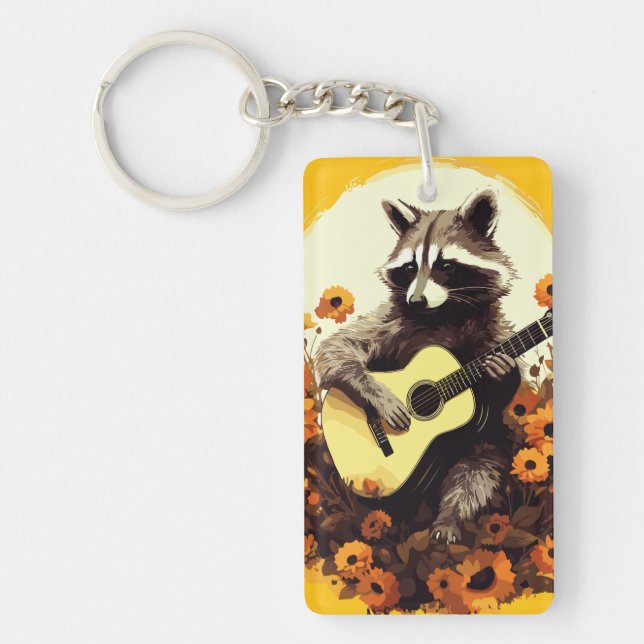 Raccoon Guitar Serenade in Sunflowers Keychain (Front)
