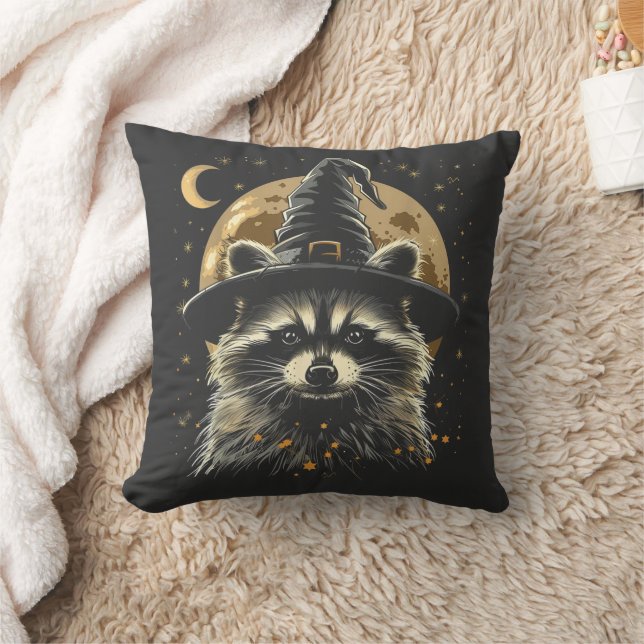 Raccoon Halloween Wizard Hat Funny Cute Witch  Throw Pillow (Blanket)