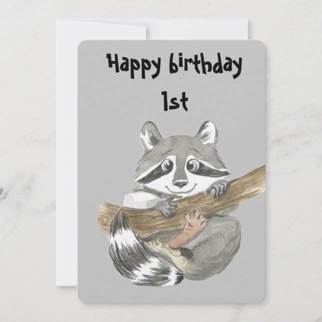 Raccoon happy birthday 1st thank you card (Front)