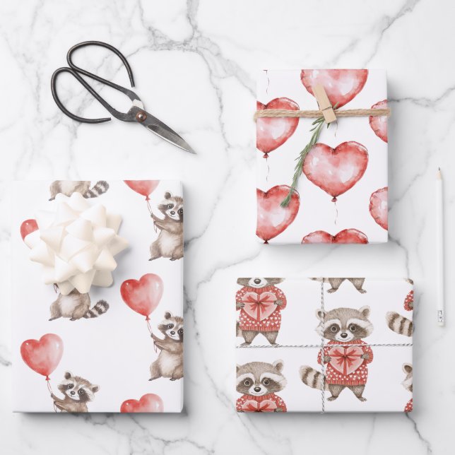 Raccoon Hearts Balloons Birthday Wrapping Paper Sheets (Front)