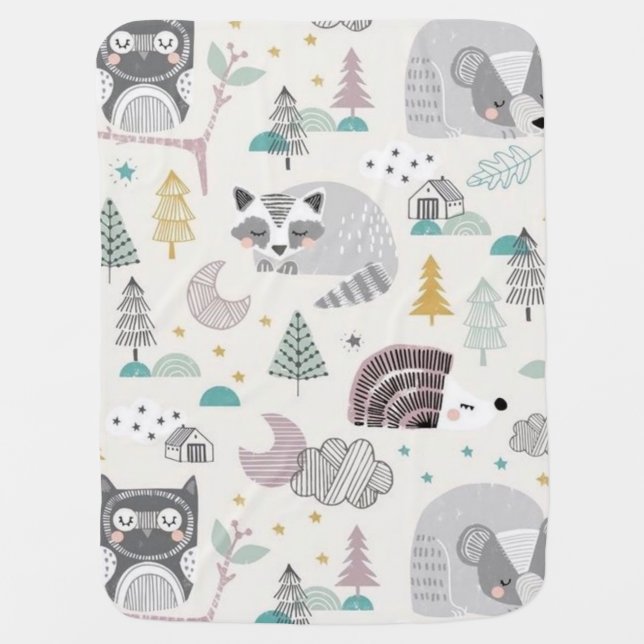 Raccoon, hedgehog, bear, children's print baby blanket (Front)