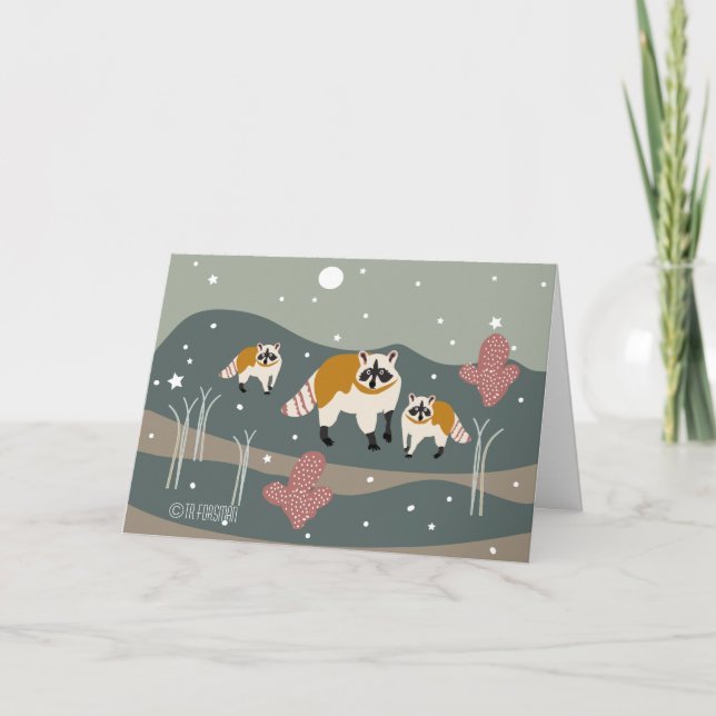 RACCOON Holiday. Raccoon with baby in desert night Holiday Card (Front)