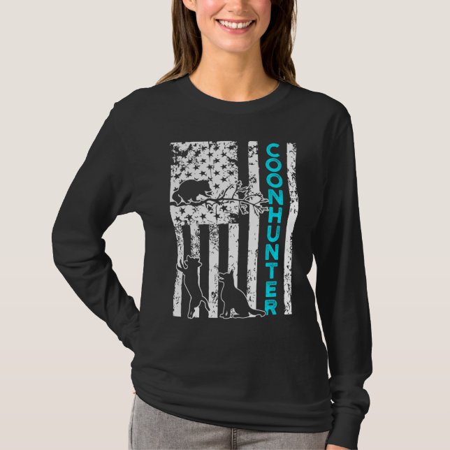 Raccoon Hunting Season USA Flag Coon Hunter T-Shirt (Front)