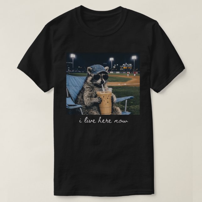 Raccoon I Live Here Now Shirt Raccoon Drinking Ice (Design Front)