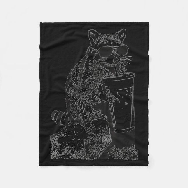 Raccoon ice coffee sunglasses funny animal meme fleece blanket (Front)