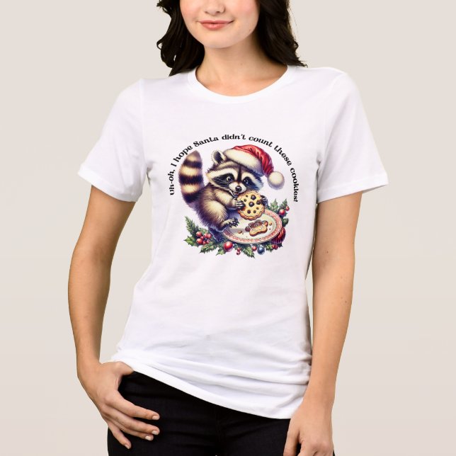Raccoon in a Santa hat enjoys cookies at Christmas Tri-Blend Shirt (Front)