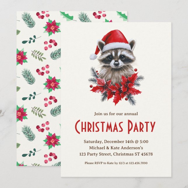Raccoon in a Santa Hat Poinsettias Christmas Party Invitation (Front/Back)