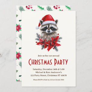 Raccoon in a Santa Hat Poinsettias Christmas Party Invitation