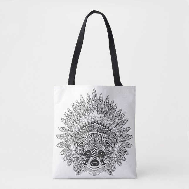 Raccoon In Feathered War Bonnet Doodle 2 Tote Bag (Front)