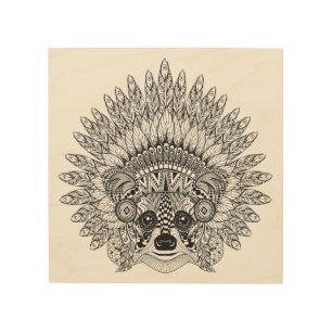 Raccoon In Feathered War Bonnet Doodle 5 Wood Wall Art