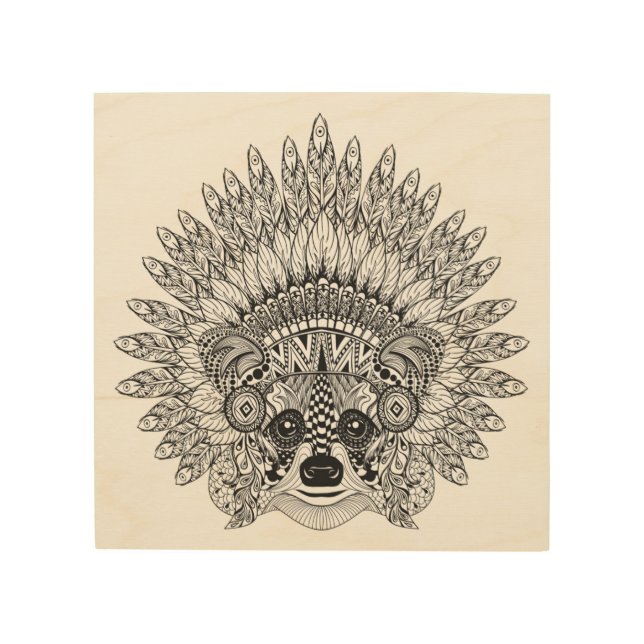 Raccoon In Feathered War Bonnet Doodle 5 Wood Wall Art (Front)