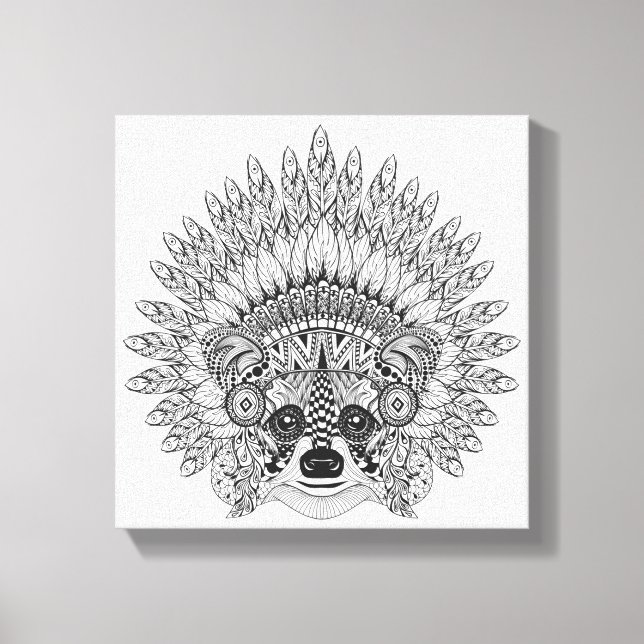 Raccoon In Feathered War Bonnet Doodle 6 Canvas Print (Front)