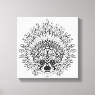 Raccoon In Feathered War Bonnet Doodle 6 Canvas Print