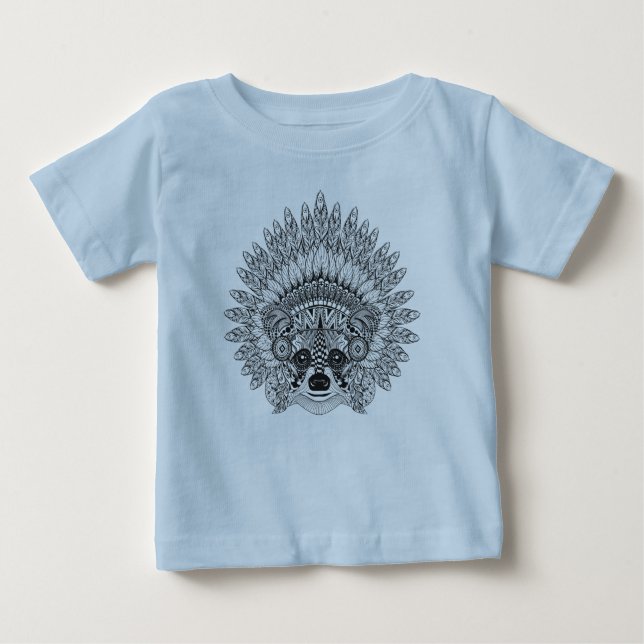 Raccoon In Feathered War Bonnet Doodle Baby T-Shirt (Front)