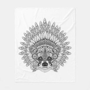 Raccoon In Feathered War Bonnet Doodle Fleece Blanket
