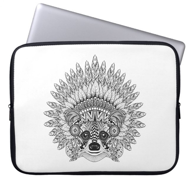 Raccoon In Feathered War Bonnet Doodle Laptop Sleeve (Front)