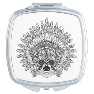 Raccoon In Feathered War Bonnet Doodle Makeup Mirror