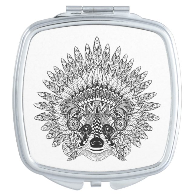 Raccoon In Feathered War Bonnet Doodle Makeup Mirror (Front)