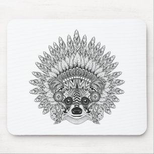 Raccoon In Feathered War Bonnet Doodle Mouse Pad