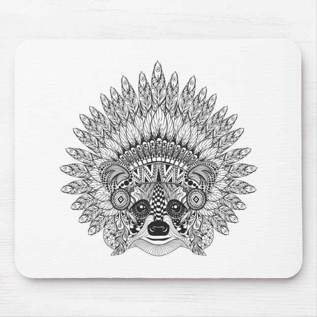 Raccoon In Feathered War Bonnet Doodle Mouse Pad (Front)