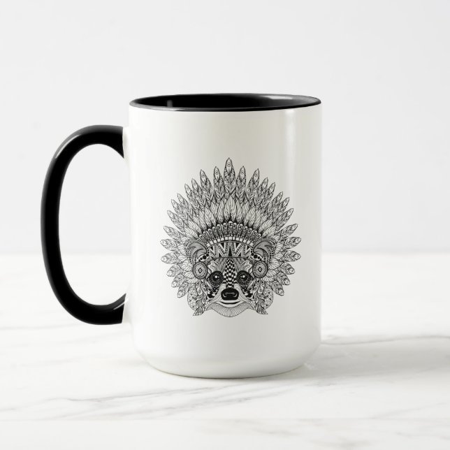 Raccoon In Feathered War Bonnet Doodle Mug (Left)