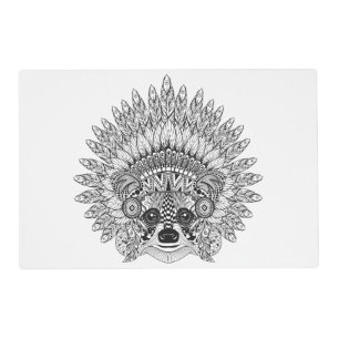 Raccoon In Feathered War Bonnet Doodle Placemat