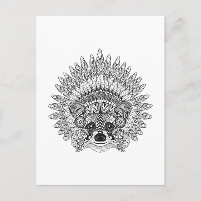 Raccoon In Feathered War Bonnet Doodle Postcard (Front)