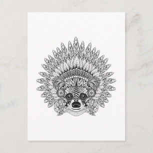 Raccoon In Feathered War Bonnet Doodle Postcard