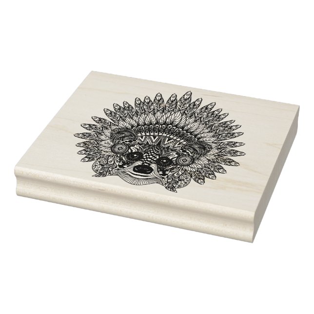 Raccoon In Feathered War Bonnet Doodle Rubber Stamp (Stamp)
