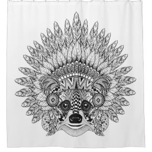 Raccoon In Feathered War Bonnet Doodle Shower Curtain
