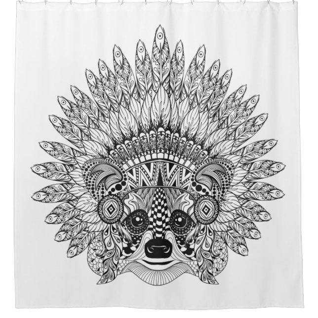 Raccoon In Feathered War Bonnet Doodle Shower Curtain (Front)