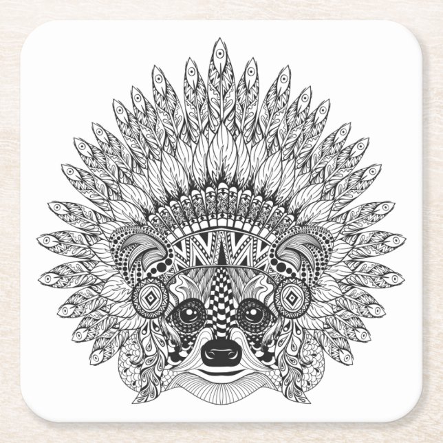 Raccoon In Feathered War Bonnet Doodle Square Paper Coaster (Front)