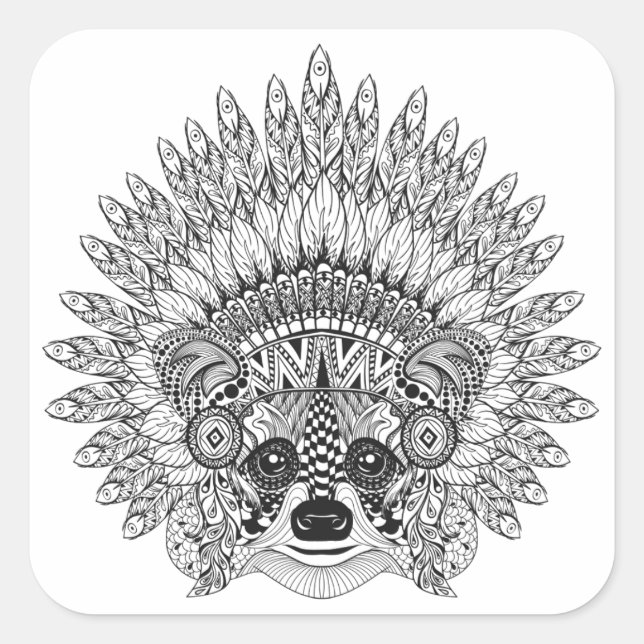 Raccoon In Feathered War Bonnet Doodle Square Sticker (Front)
