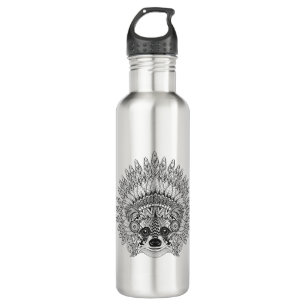 Raccoon In Feathered War Bonnet Doodle Stainless Steel Water Bottle