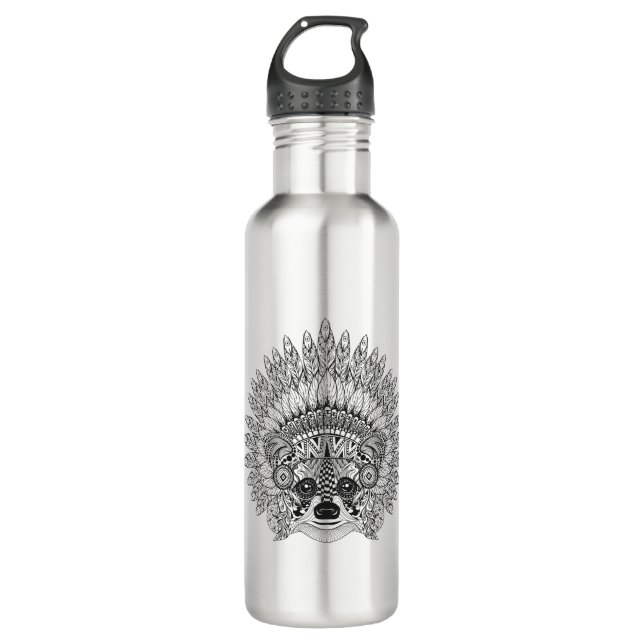 Raccoon In Feathered War Bonnet Doodle Stainless Steel Water Bottle (Front)