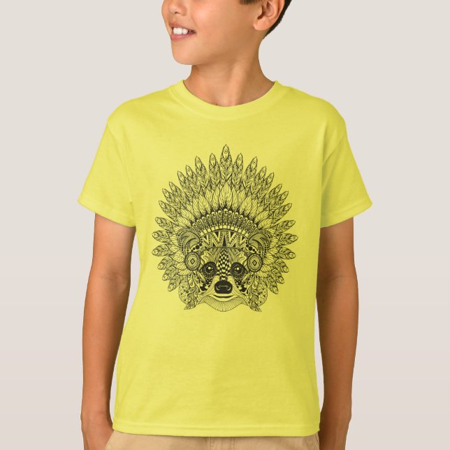 Raccoon In Feathered War Bonnet Doodle T-Shirt (Front)