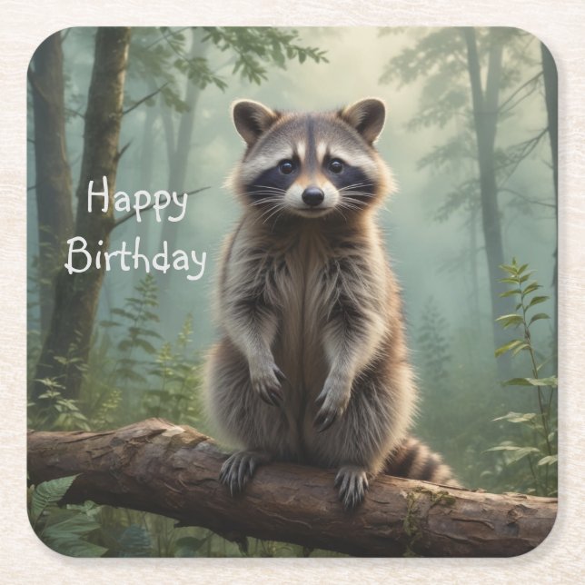 Raccoon in Forest Square Paper Coaster (Front)