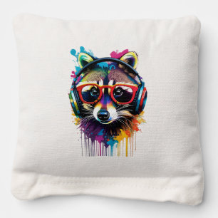 Raccoon in headphones and glasses cornhole bags