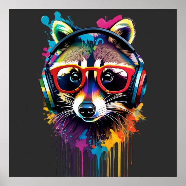 Raccoon in headphones and glasses poster (Front)